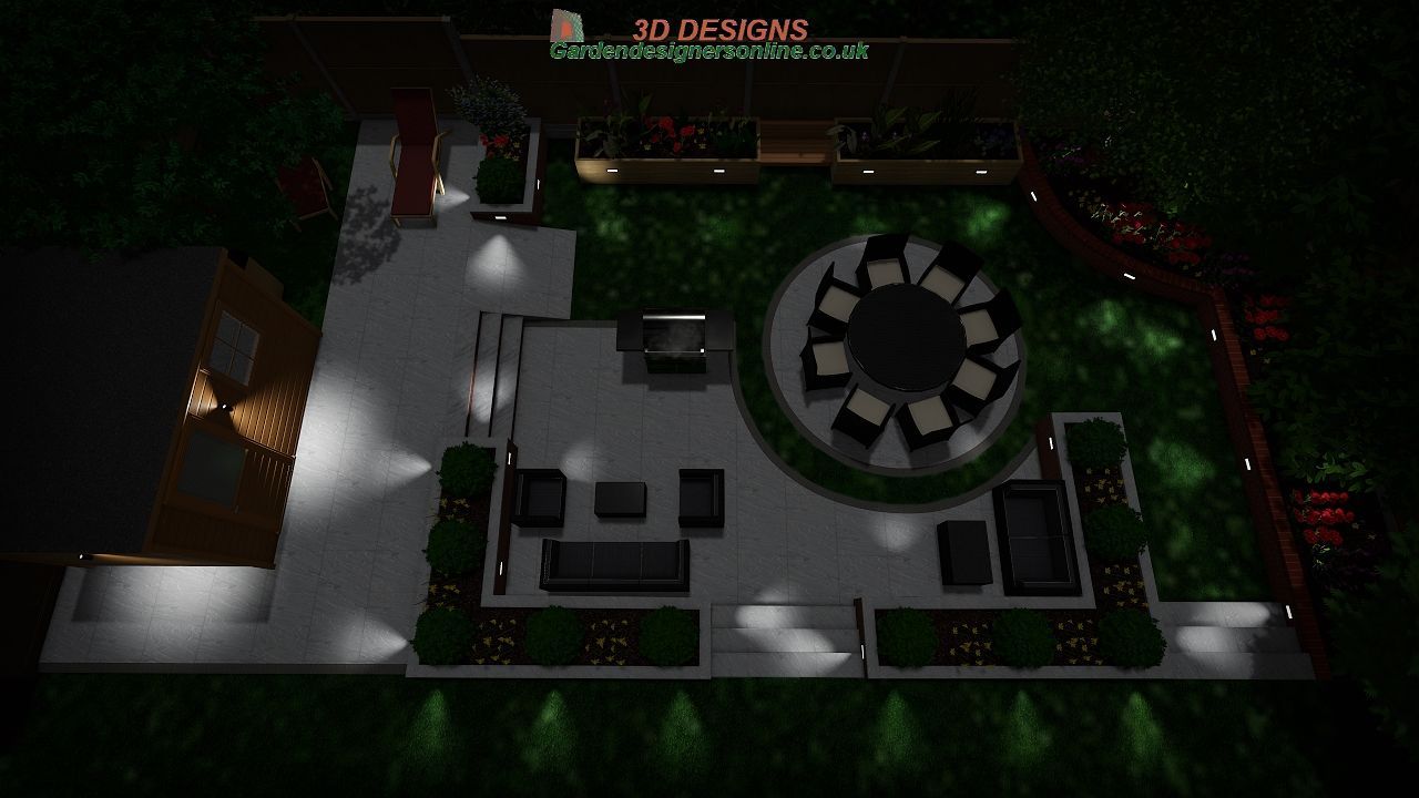 An aerial view of a garden at night with a fire pit in the middle.