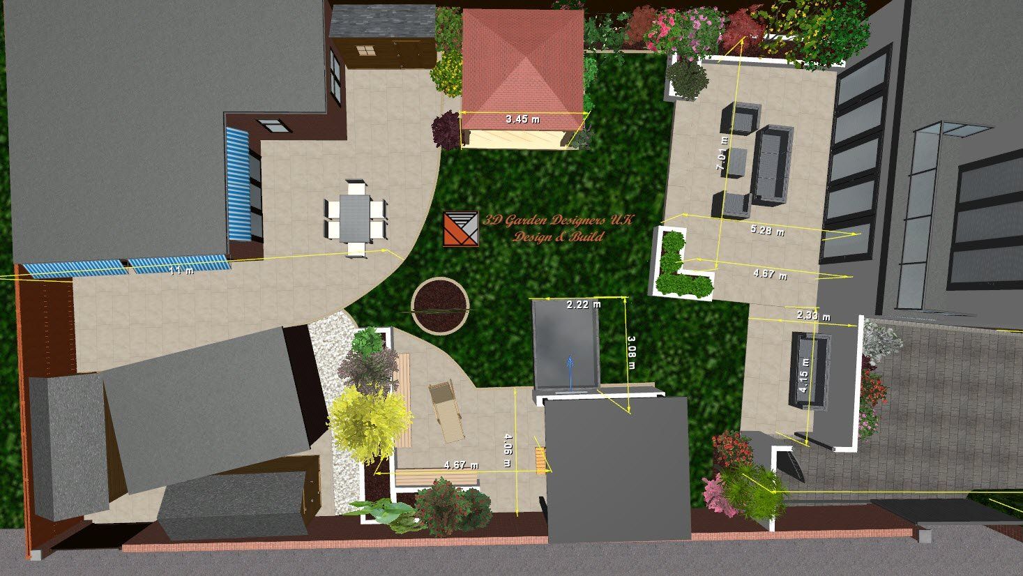 An aerial view of a house with a patio area