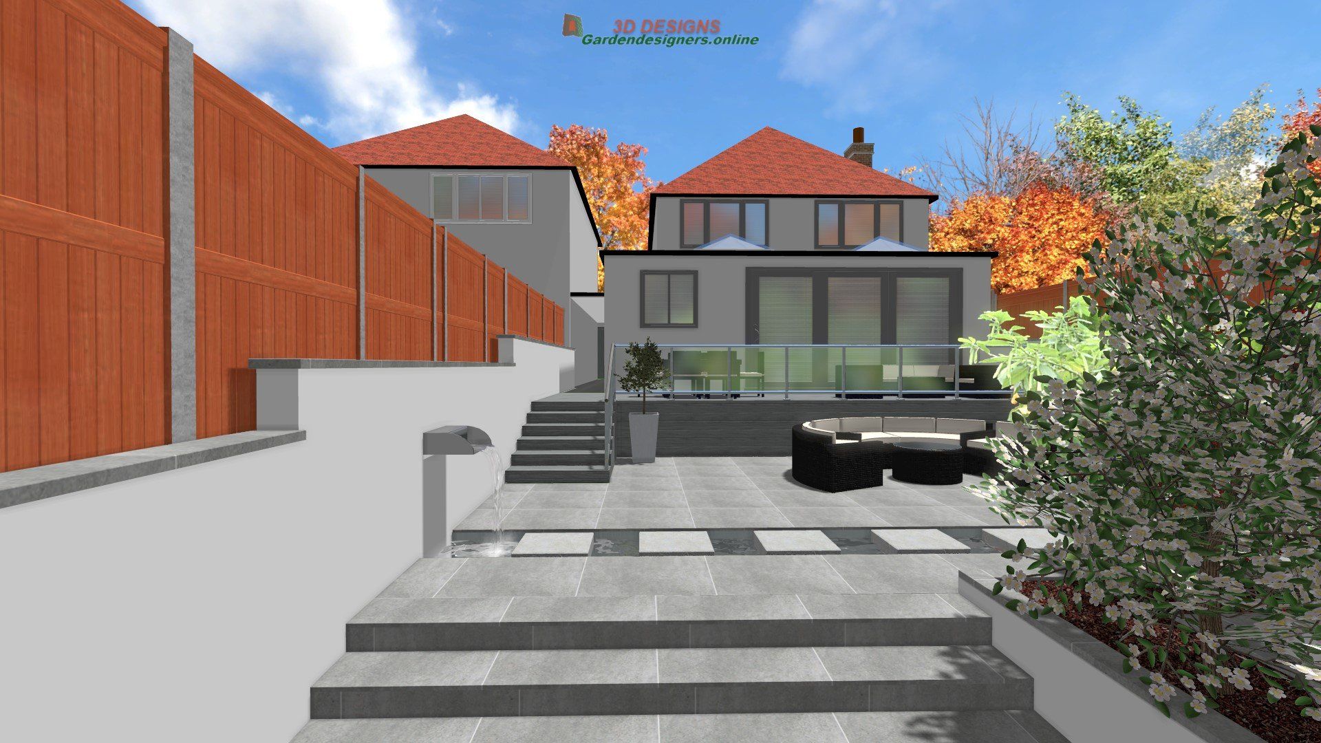 A computer generated image of a house with a red roof