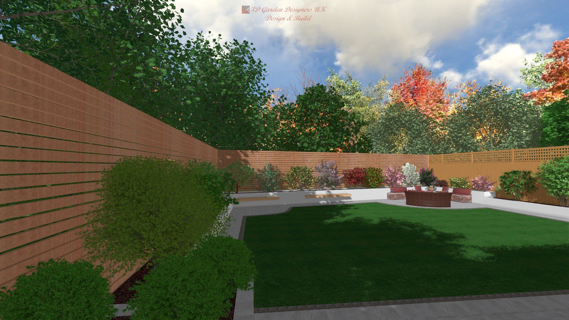 A computer generated image of a backyard with a wooden fence and a lush green lawn.