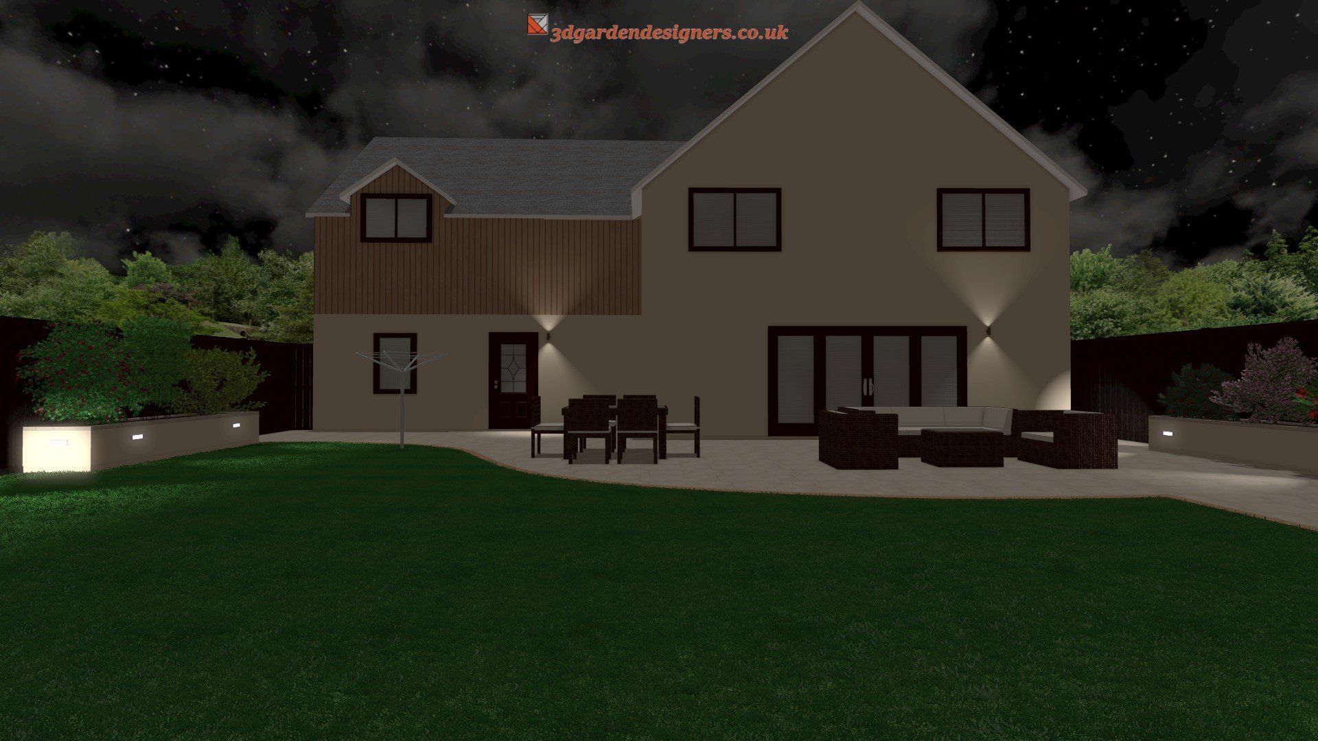 A computer generated image of a house at night.