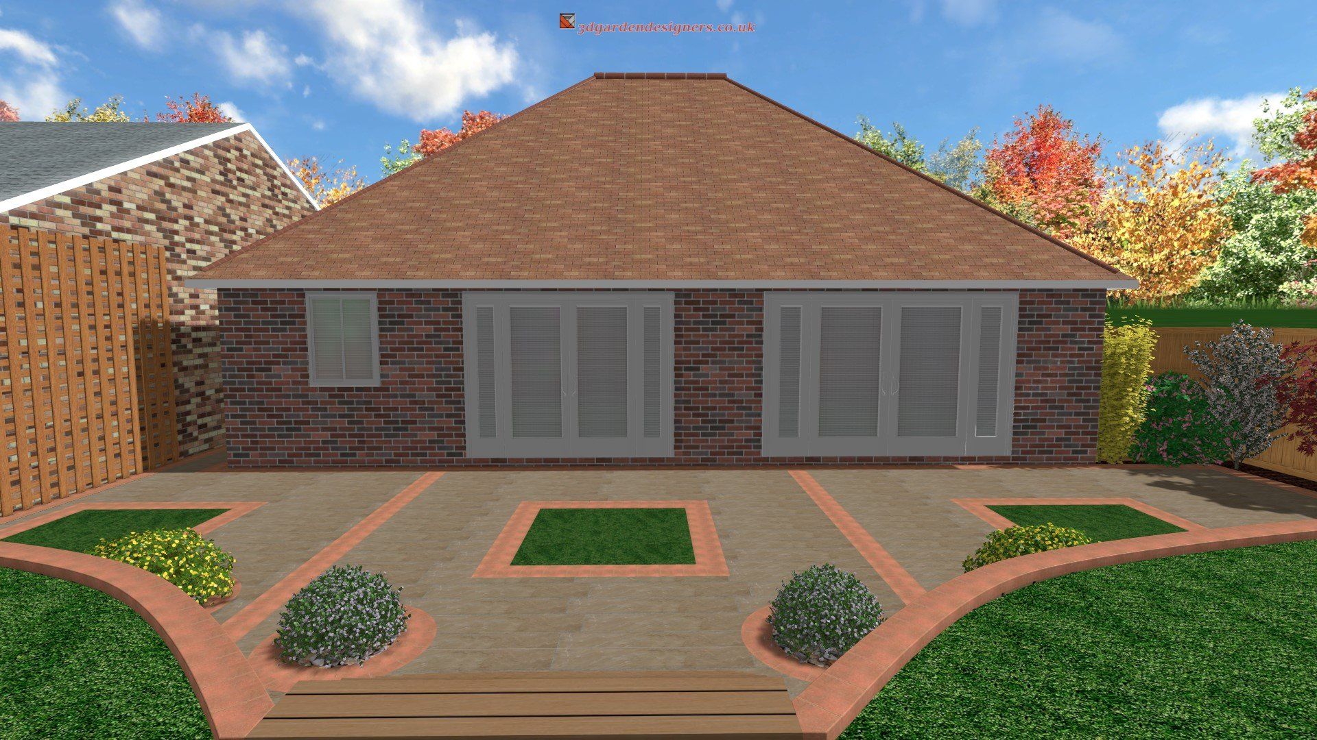 A computer generated image of a house with a patio in front of it.