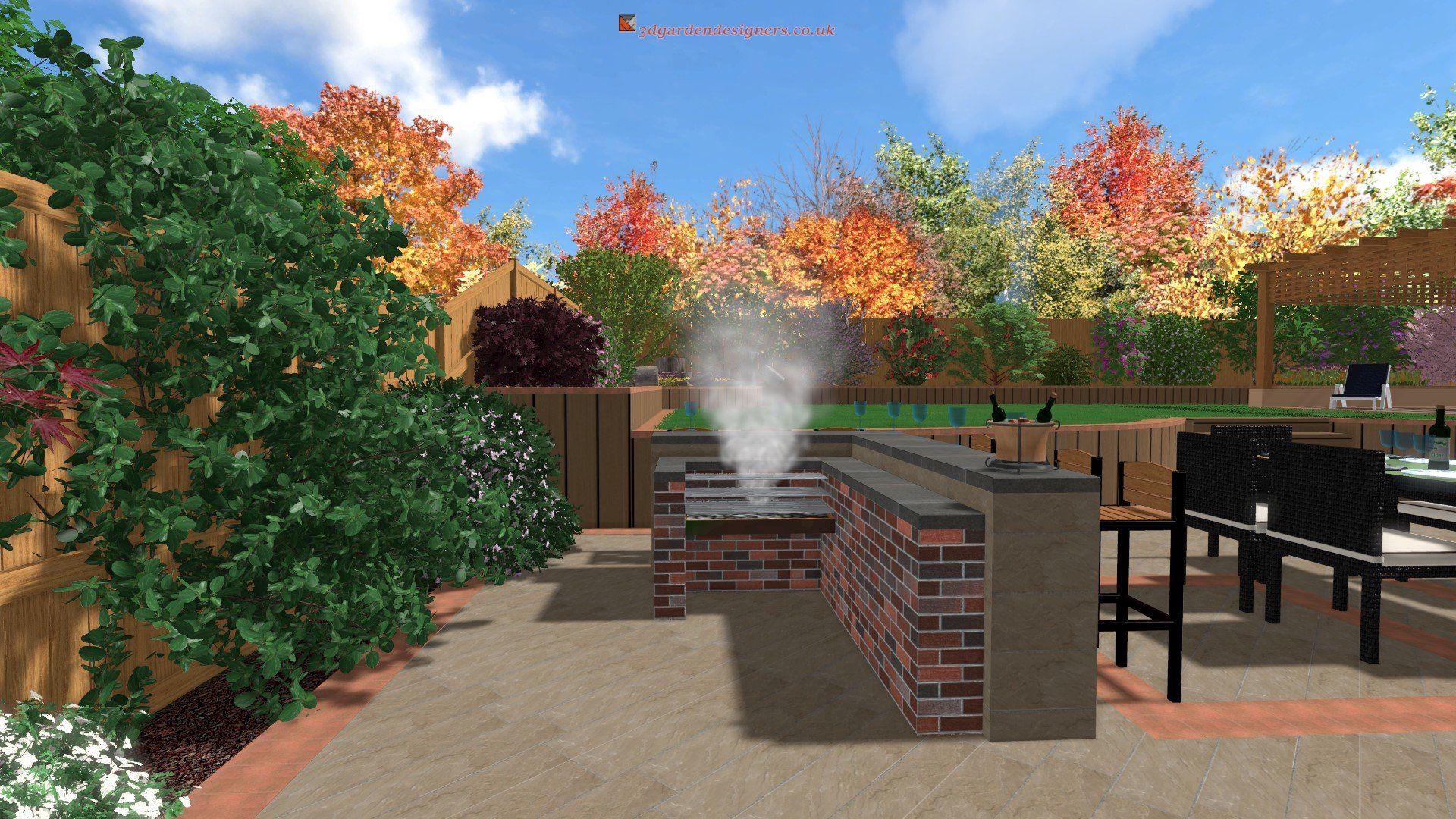 A computer generated image of a backyard with a brick wall and smoke coming out of it