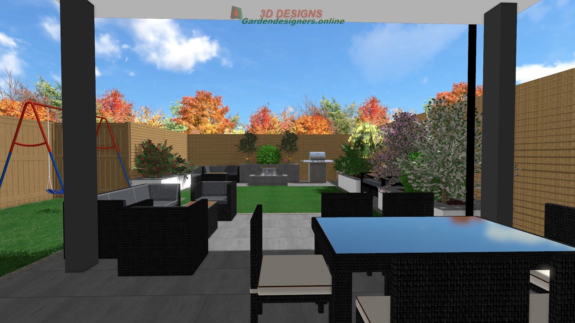 A computer generated image of a backyard with a table and chairs