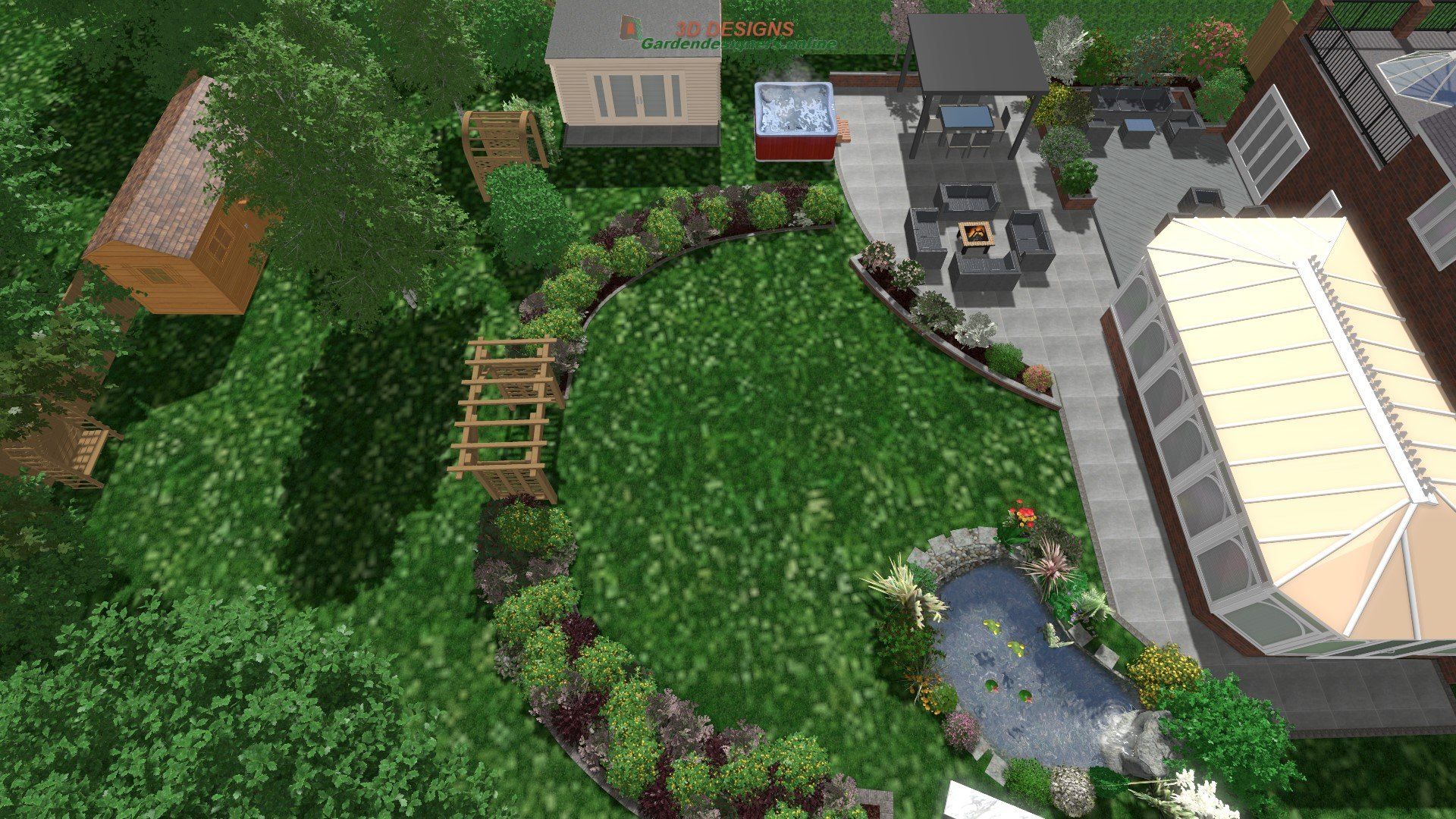 An aerial view of a garden with a pond and a house in the background.