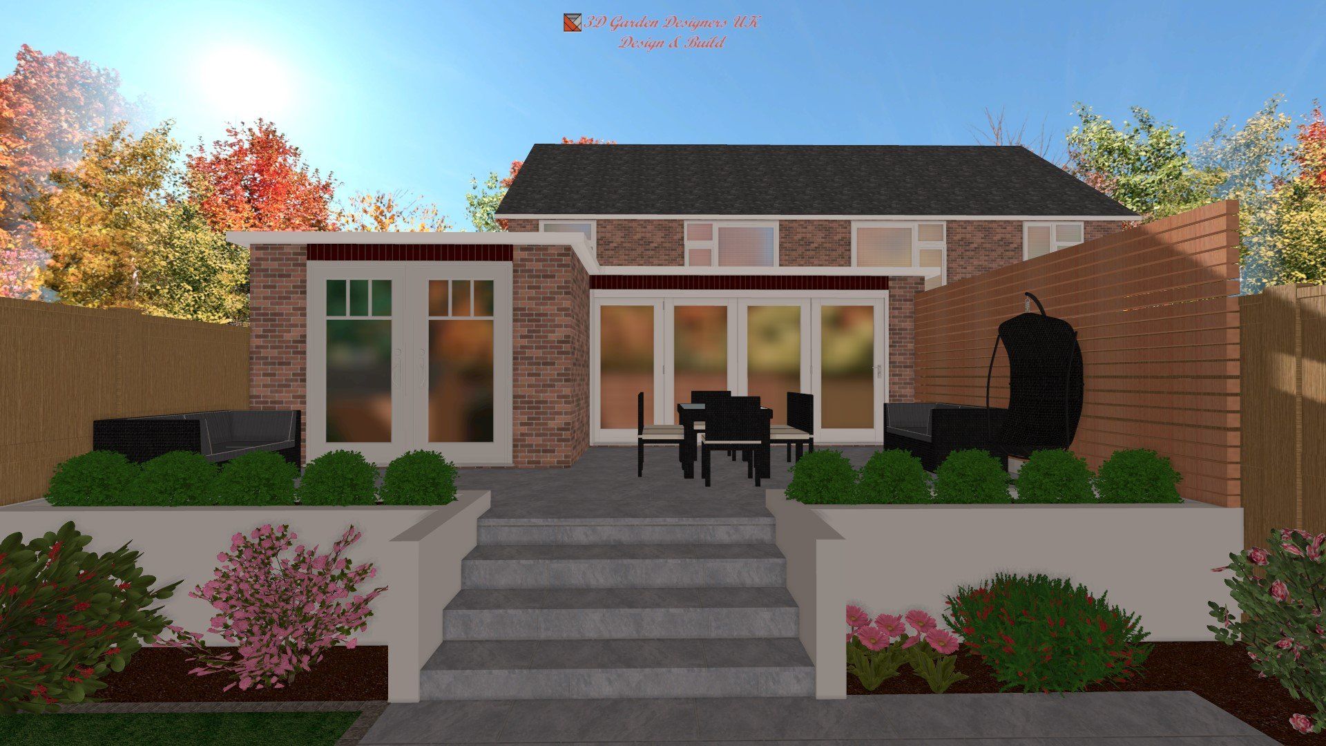 A computer generated image of a brick house with a patio