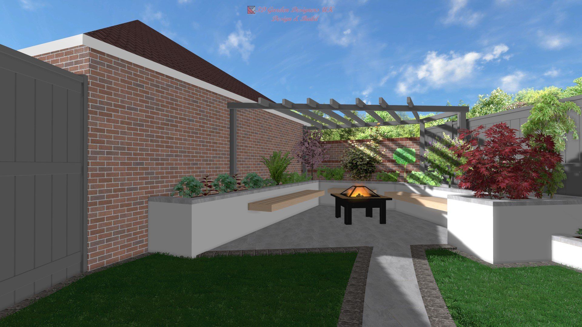 A computer generated image of a backyard with a fire pit and a pergola.