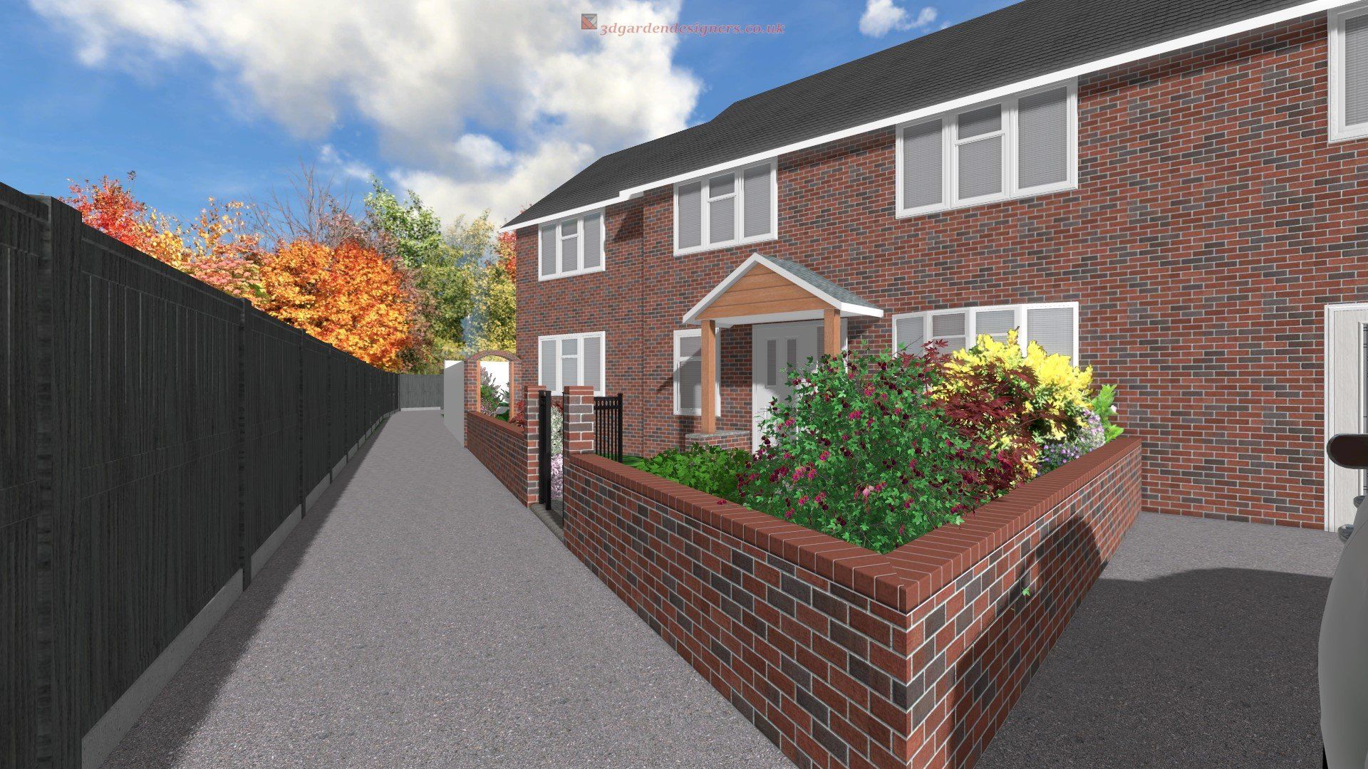 An artist 's impression of a brick house with a car parked in front of it.