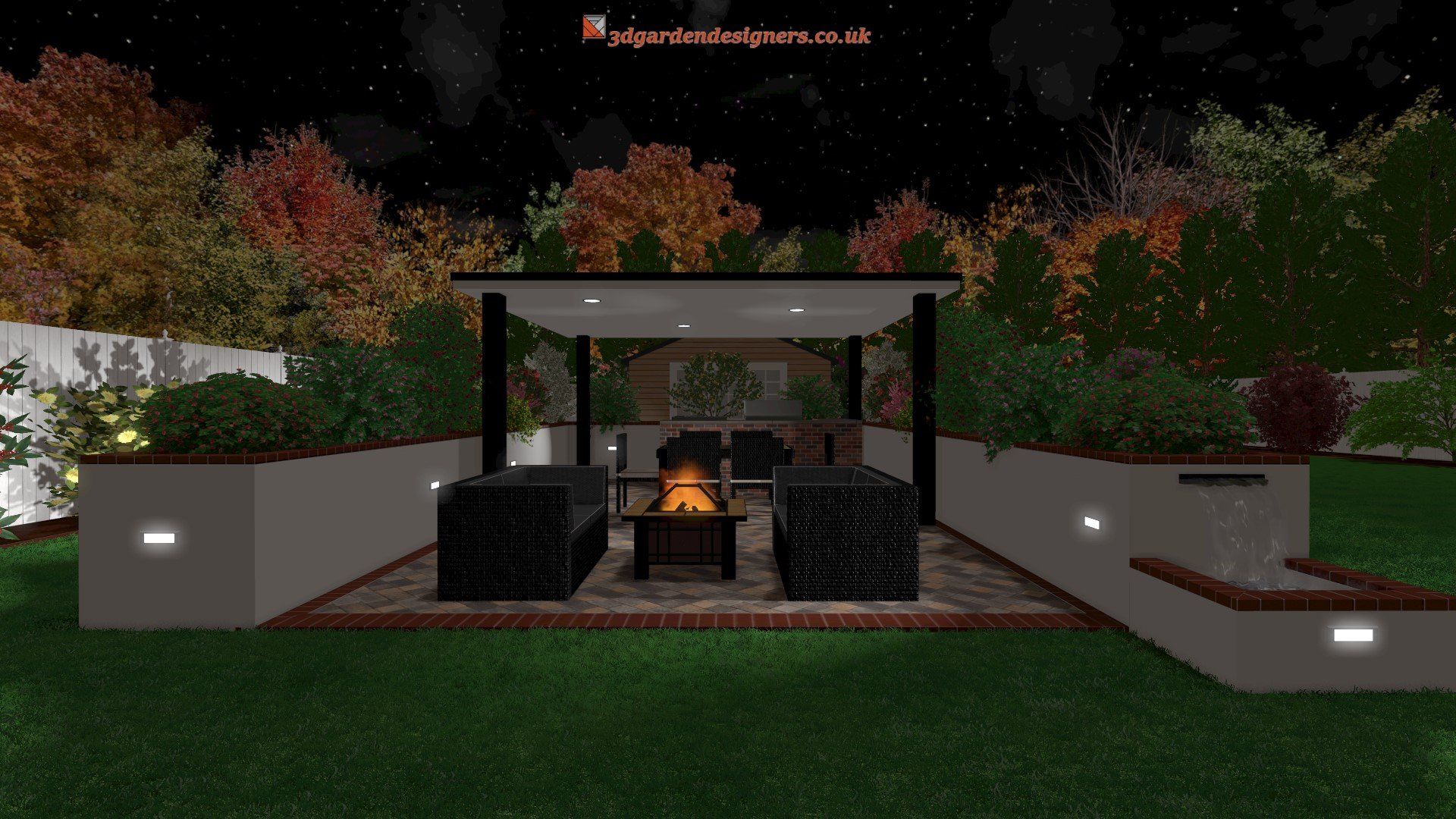 A computer generated image of a backyard with a fire pit