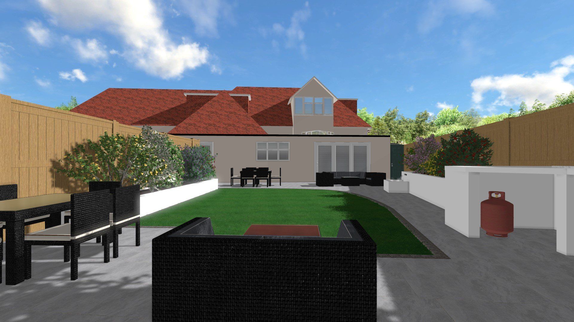 A computer generated image of a backyard with a house in the background
