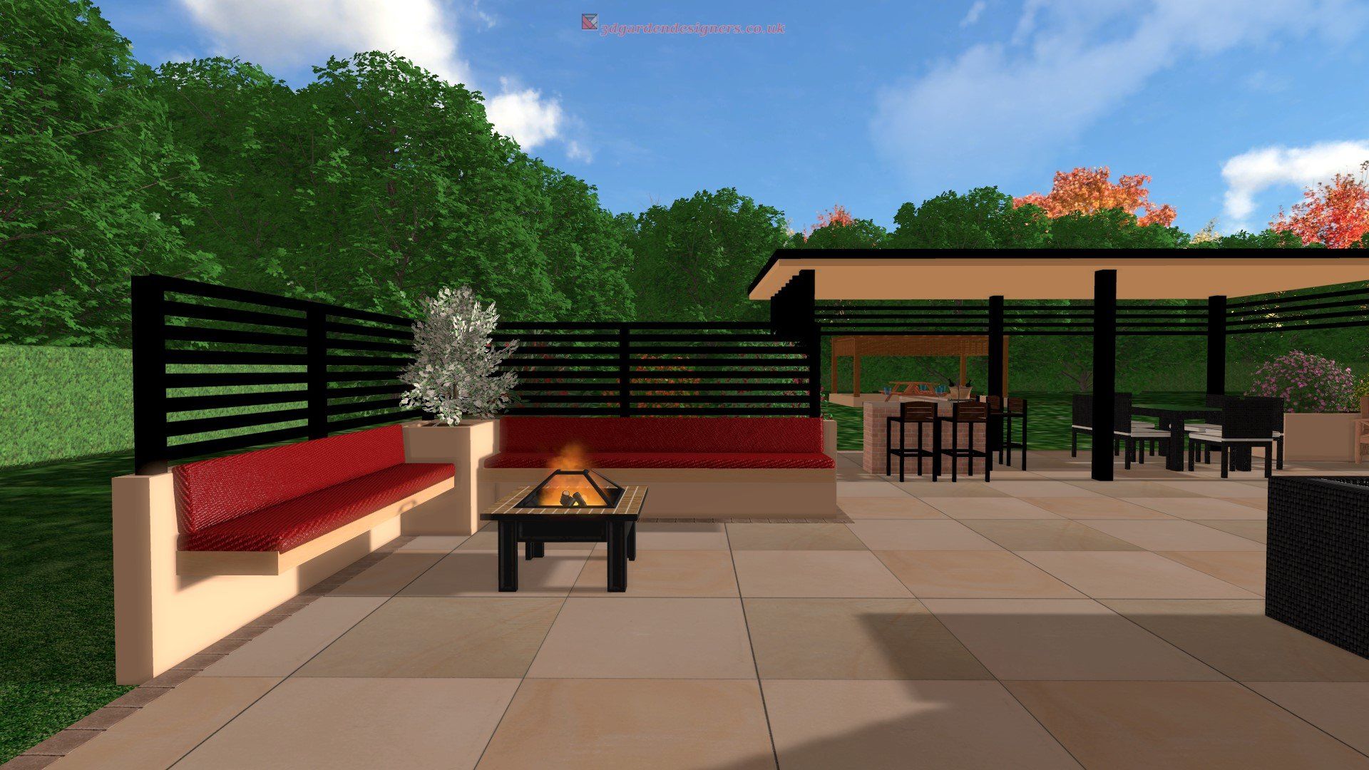 A computer generated image of a patio with a fire pit