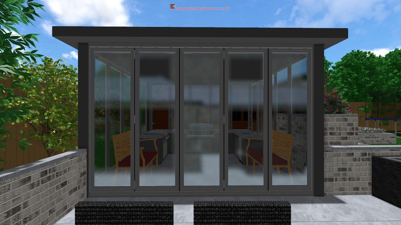 A computer generated image of a house with a lot of windows