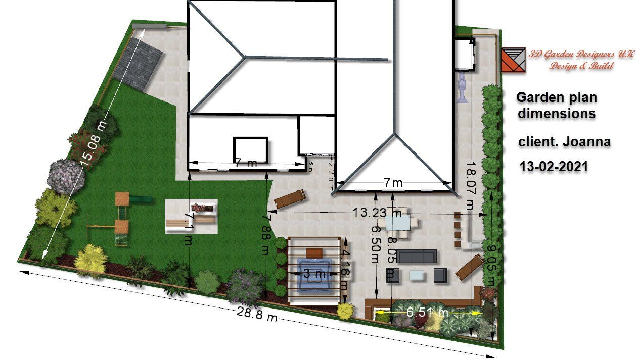 An aerial view of a garden plan for a house