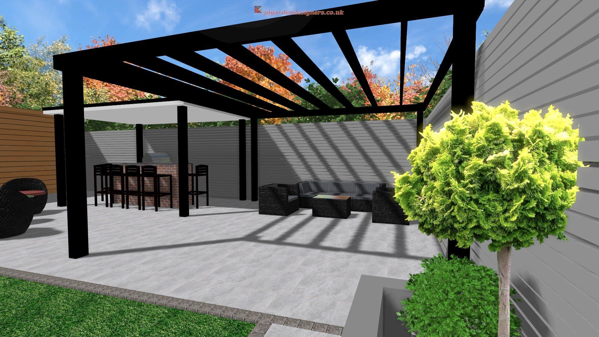 A computer generated image of a patio with a pergola and a table and chairs.