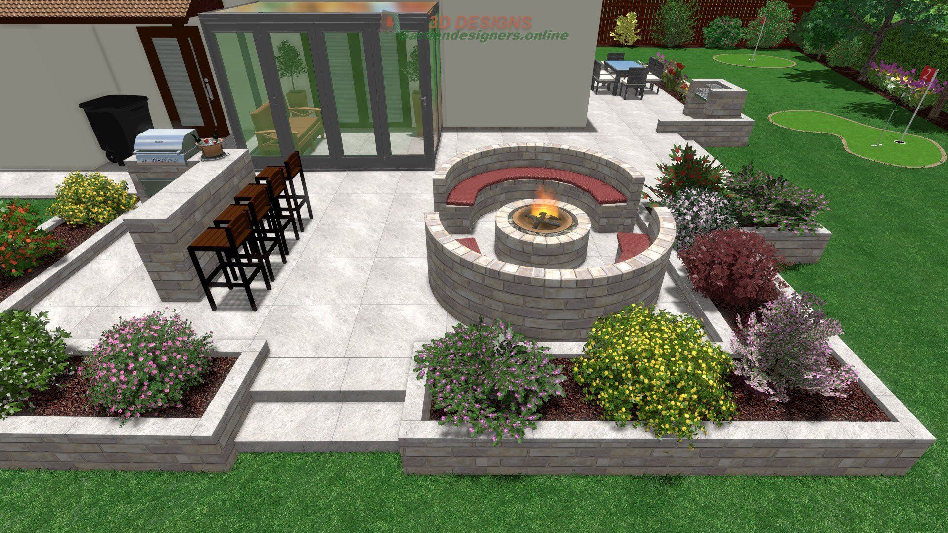 garden design There is a fire pit in the middle of the patio.