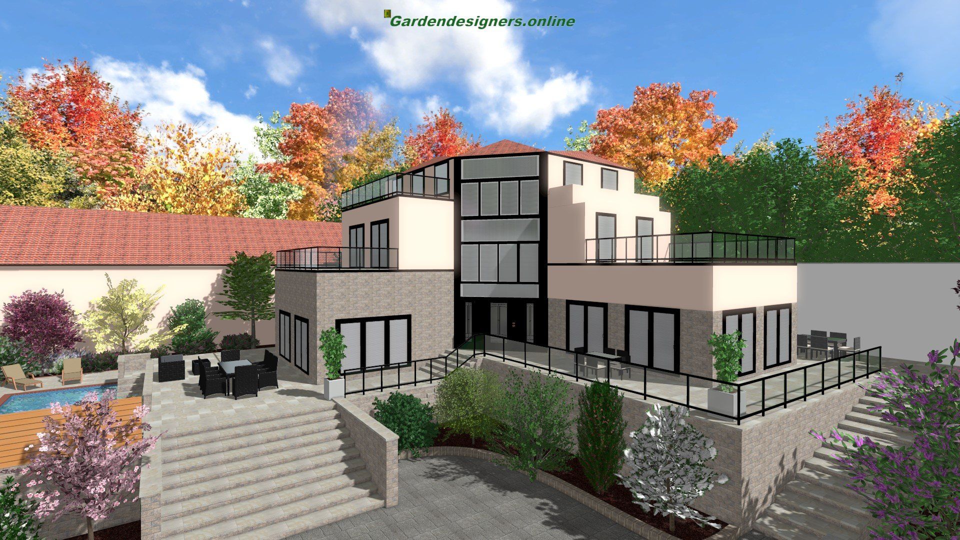 A computer generated image of a house with stairs leading up to it