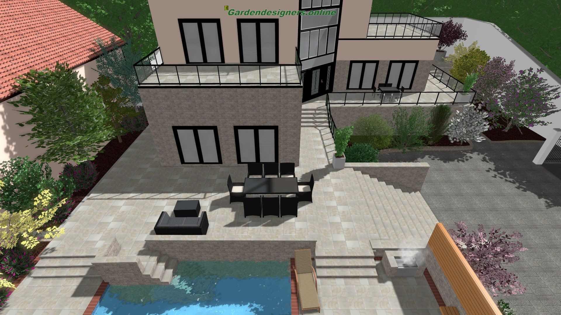 An aerial view of a house with a swimming pool