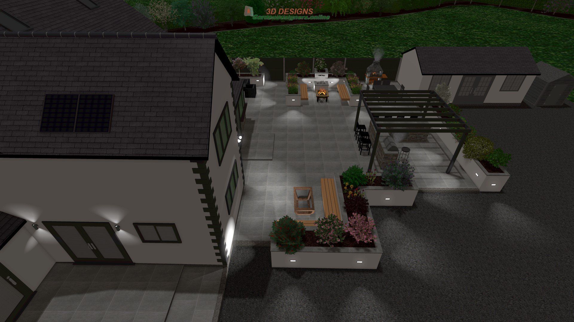 An aerial view of a house and patio at night.