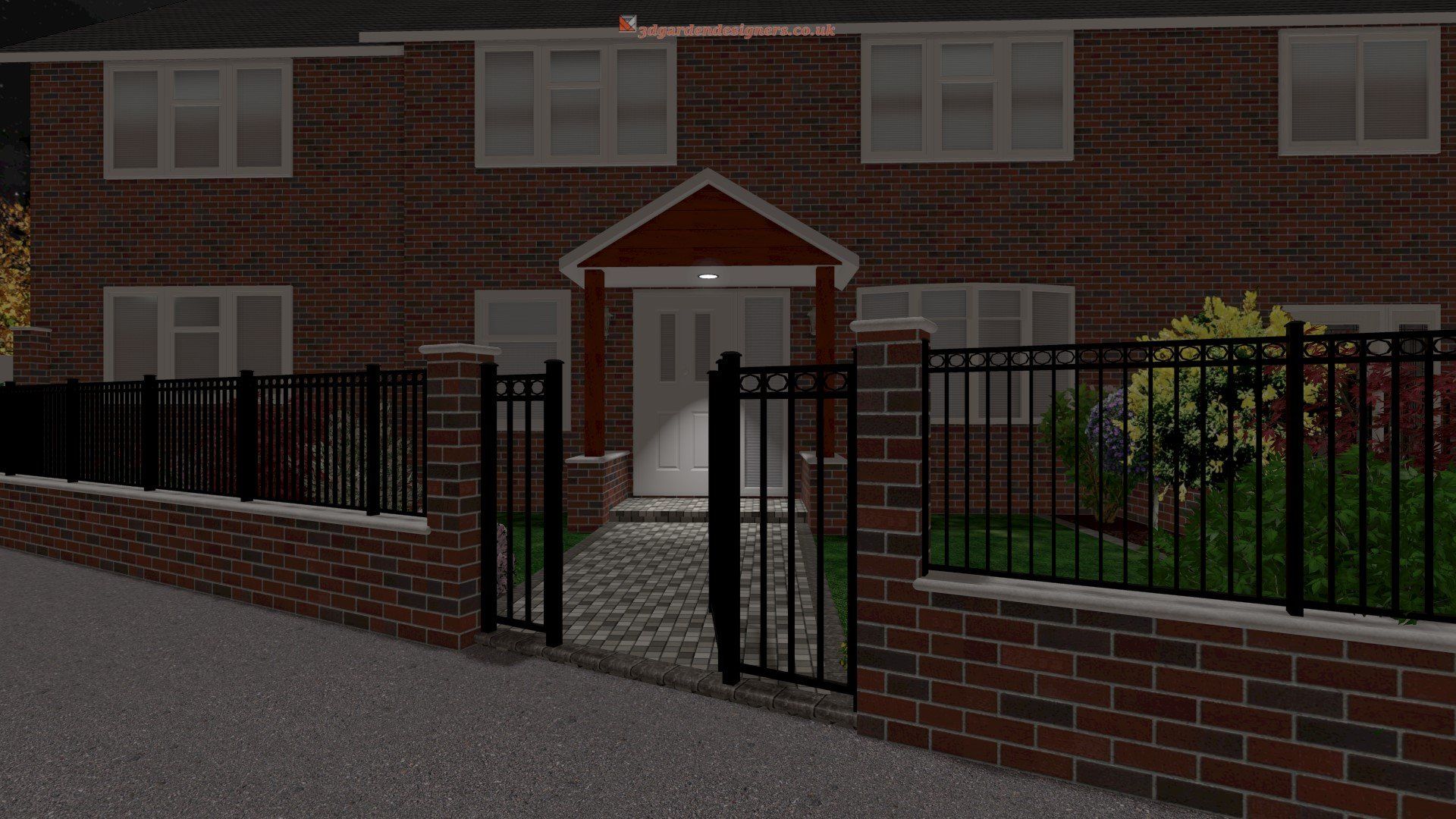 A brick house with a black fence around it