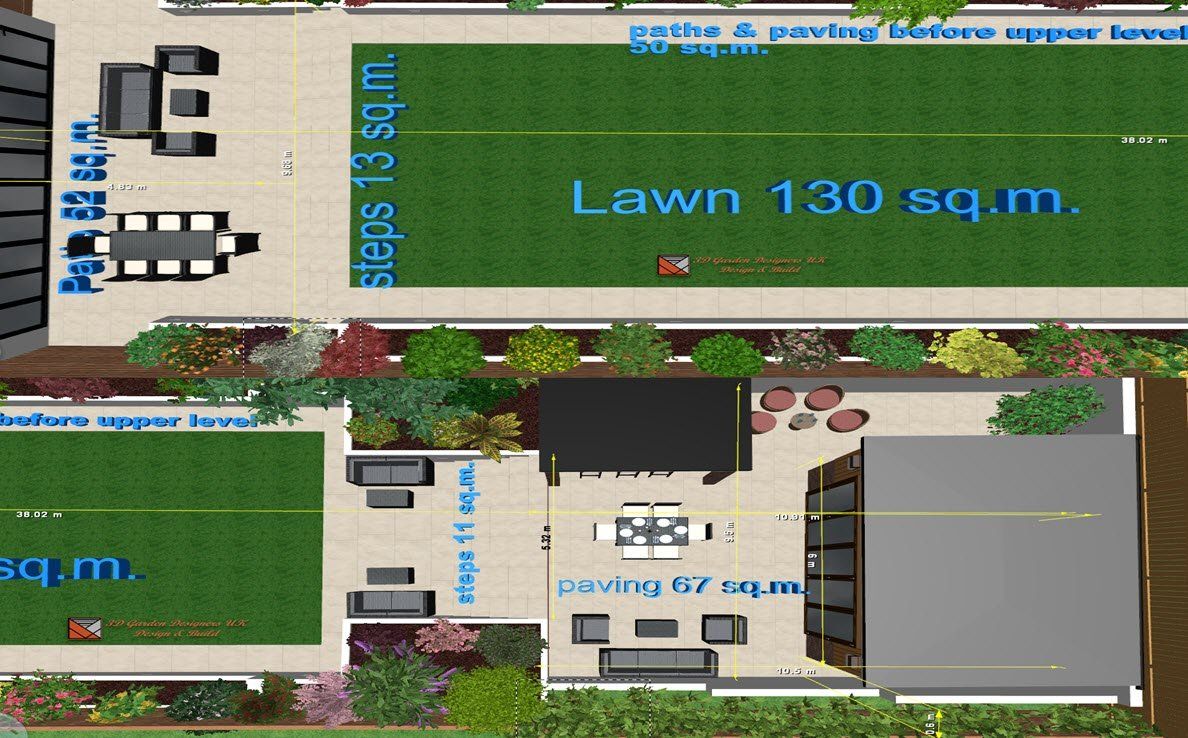 An aerial view of a lawn that is 130 sq.m.