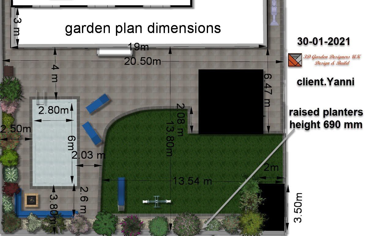 A garden plan shows the dimensions of the garden