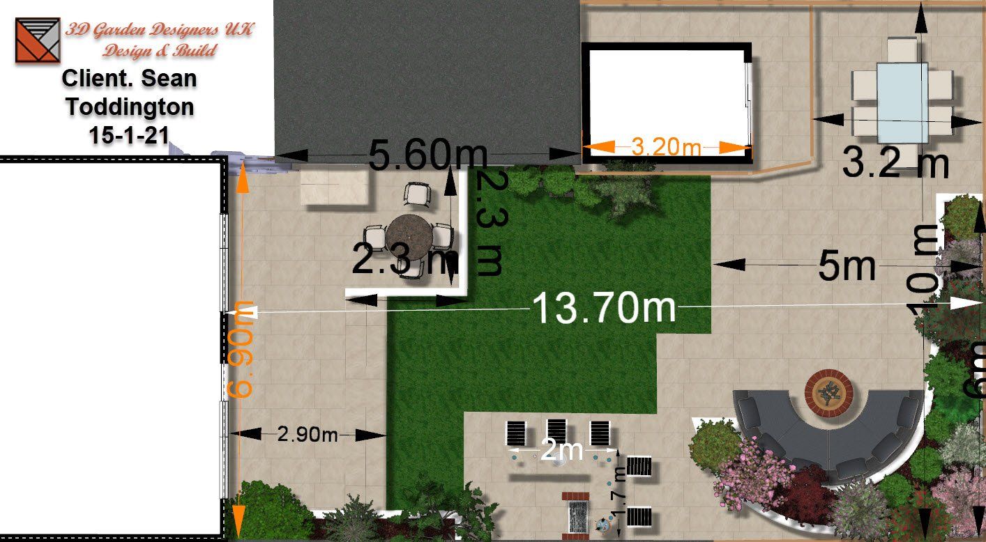 An aerial view of a garden with measurements including 13.70m