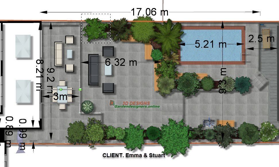 A floor plan of a house with a swimming pool