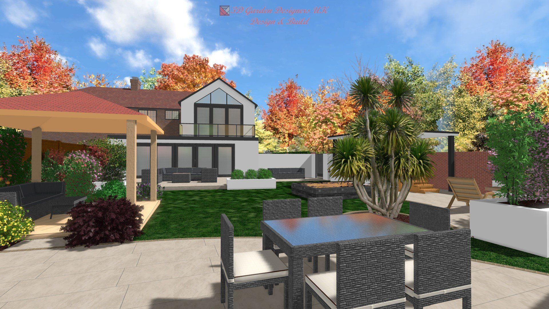 A patio with a table and chairs in front of a house