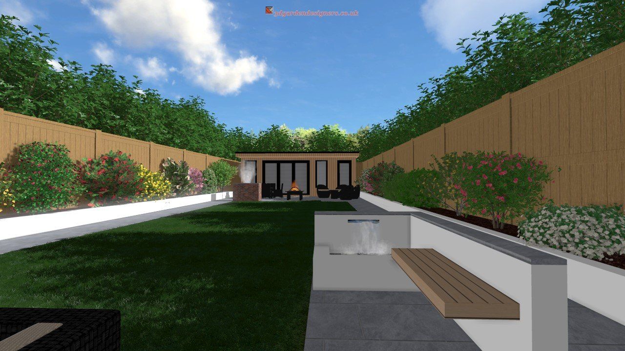 A computer generated image of a backyard with a house in the background.