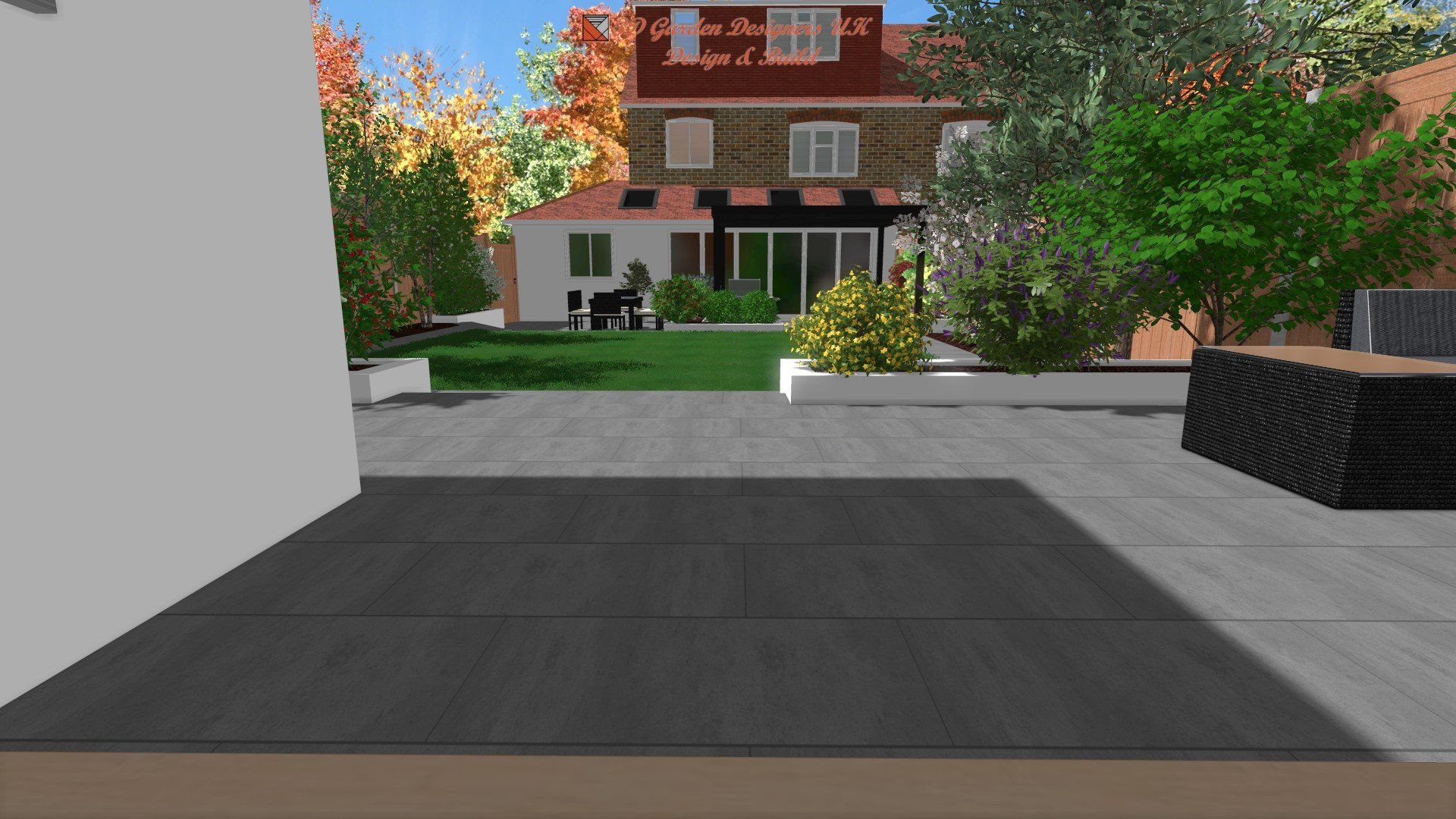 A computer generated image of a house with a patio in front of it