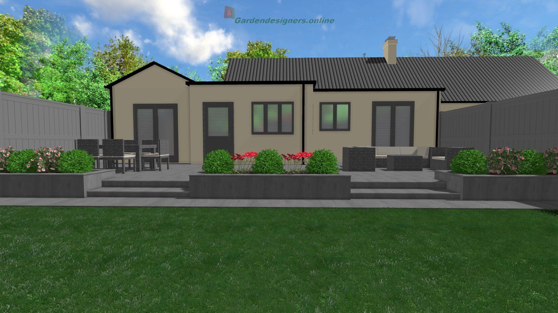 A computer generated image of a house with a patio