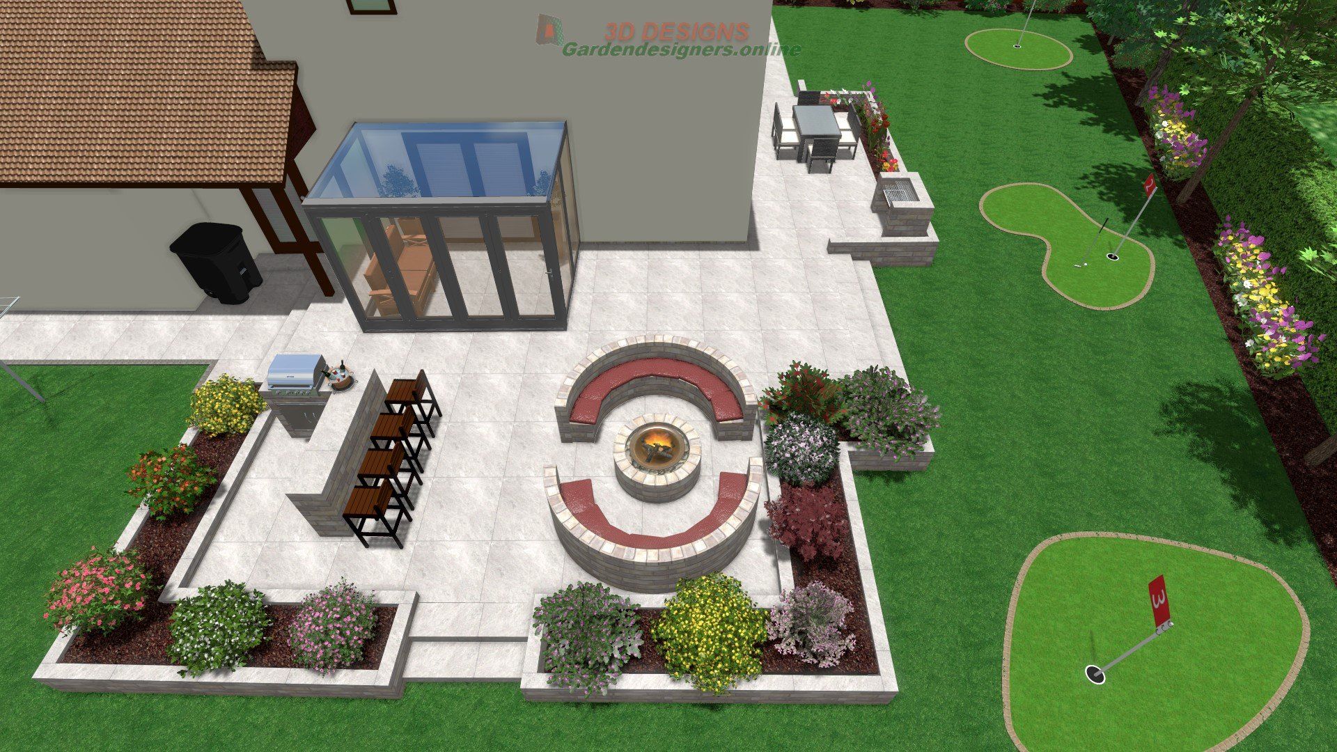 An aerial view of a backyard with a fire pit and a putting green.