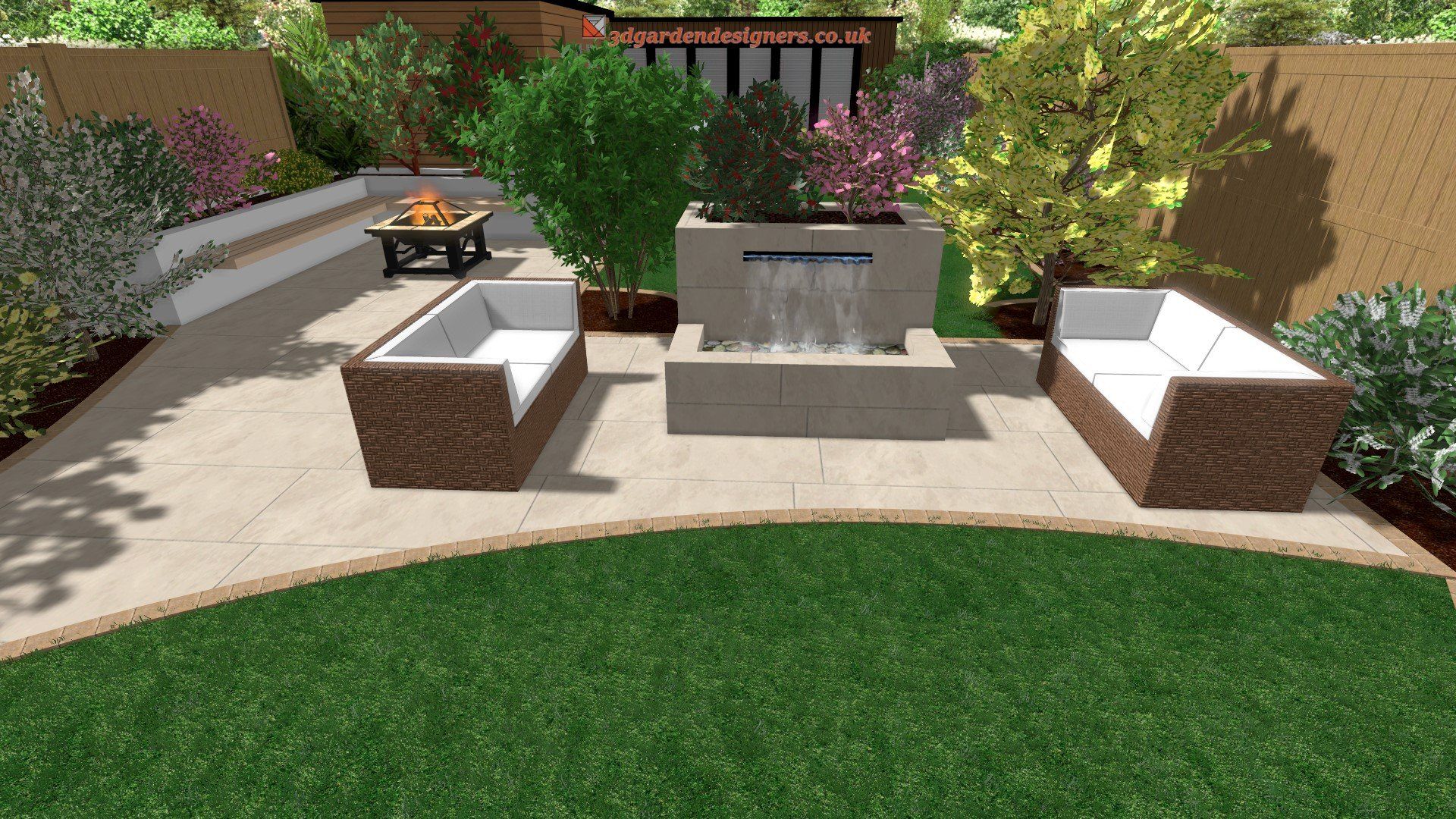 A computer generated image of a backyard with a waterfall and patio furniture.