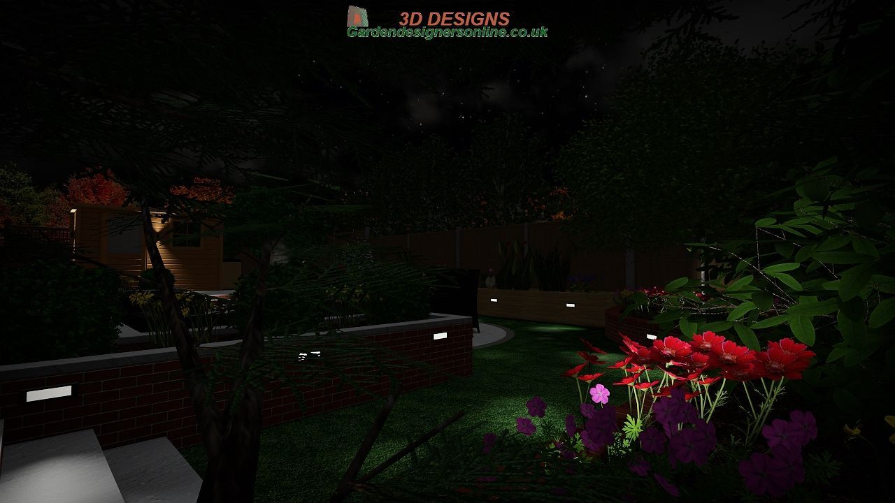 A computer generated image of a garden at night with flowers and trees.