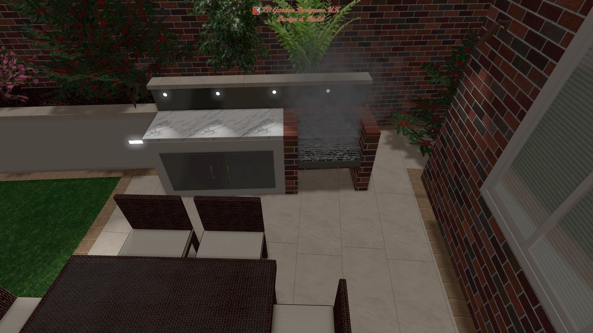 A 3d rendering of a patio with a table and chairs and a grill.
