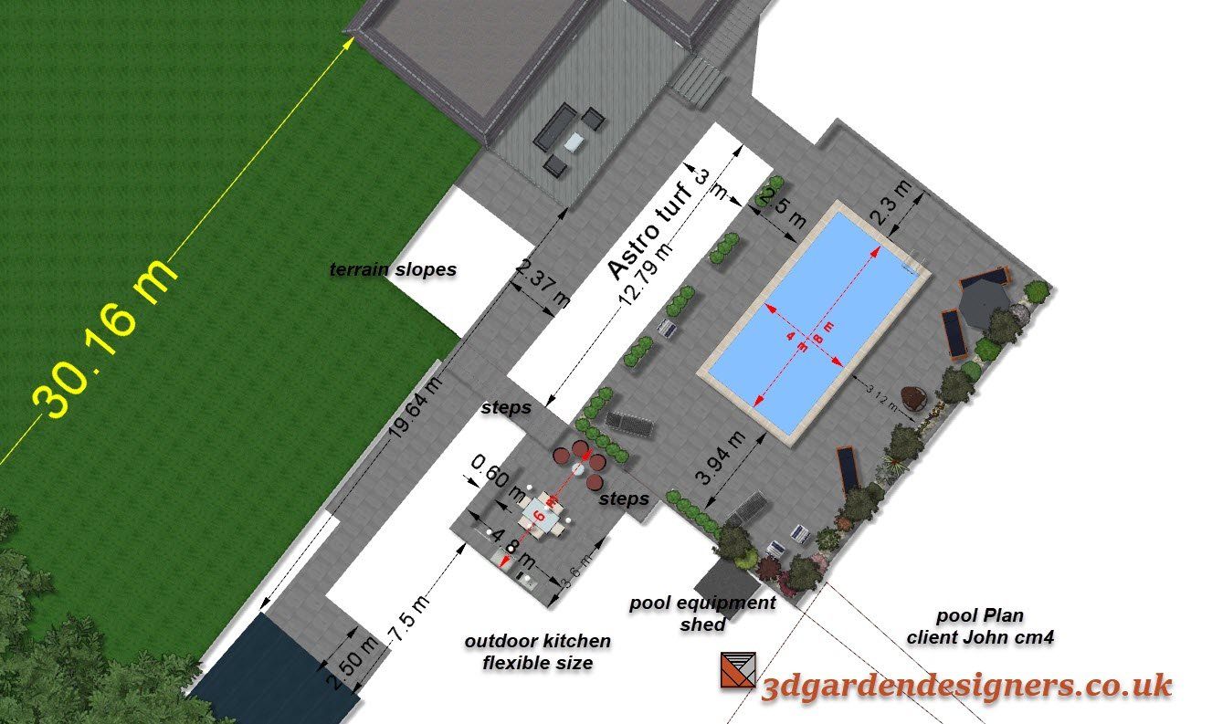 An aerial view of a swimming pool with a measurement of 30.16 m