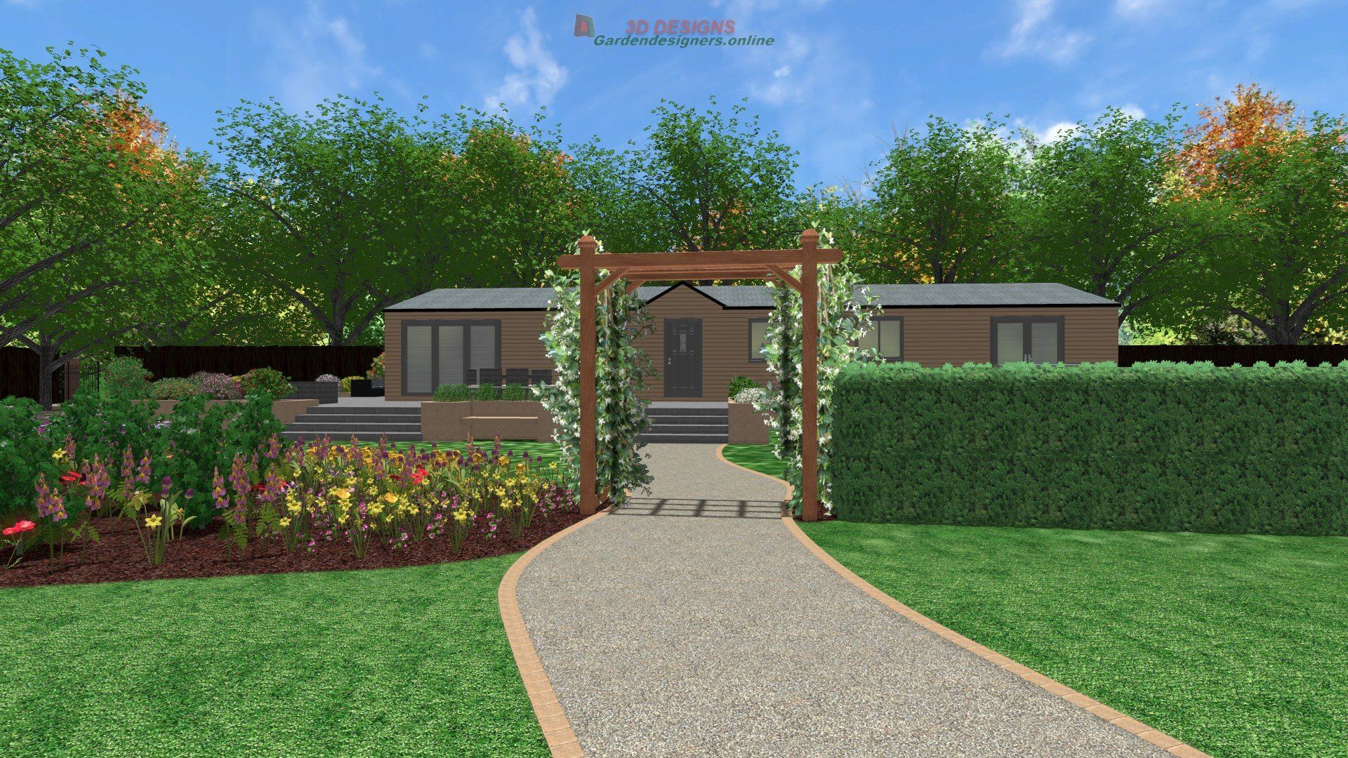 A computer generated image of a house with a path leading to it