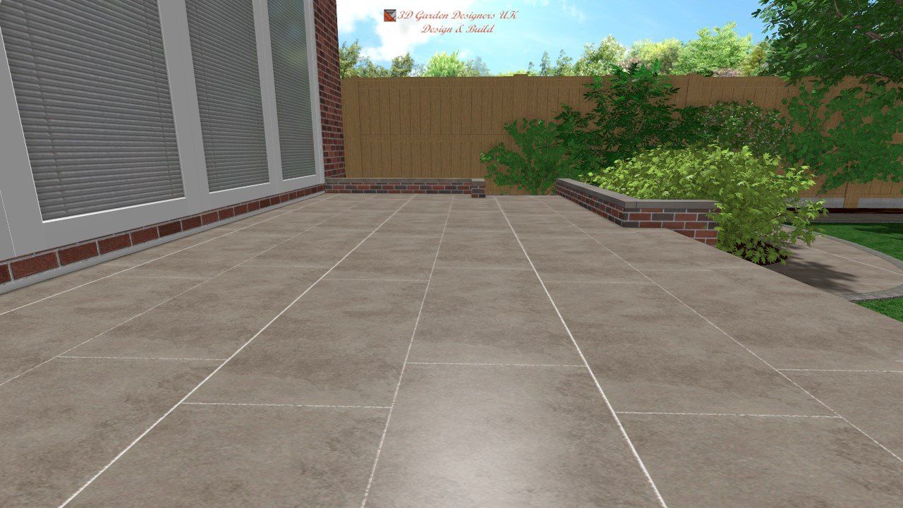 A computer generated image of a tiled patio with a fence in the background.