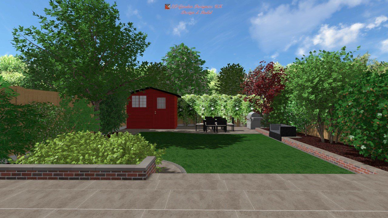 A computer generated image of a garden with a red shed