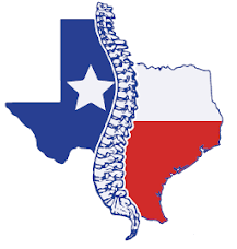 The outline of Texas divided into blue and white/red flag sections by a vertical illustration of a human spine.