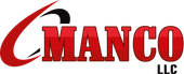 A red and black logo for Manco llc on a white background