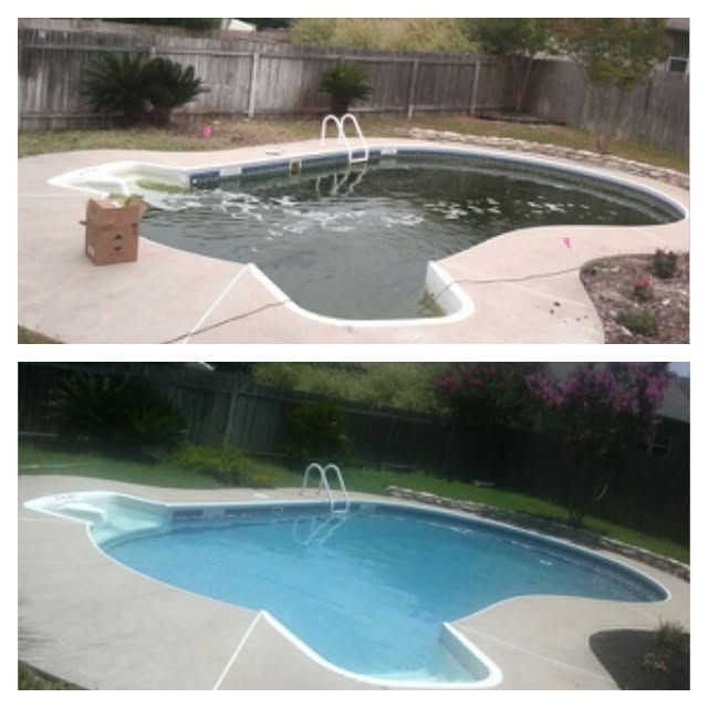 Two views of a backyard pool, dirty and green on top, clean and blue on bottom.