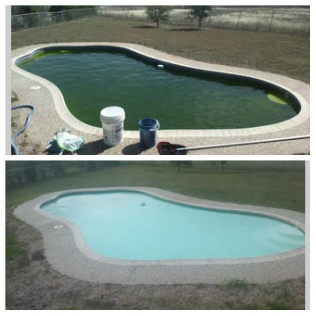 Before-and-after view of a backyard swimming pool, dark green above and cleaned light blue below.