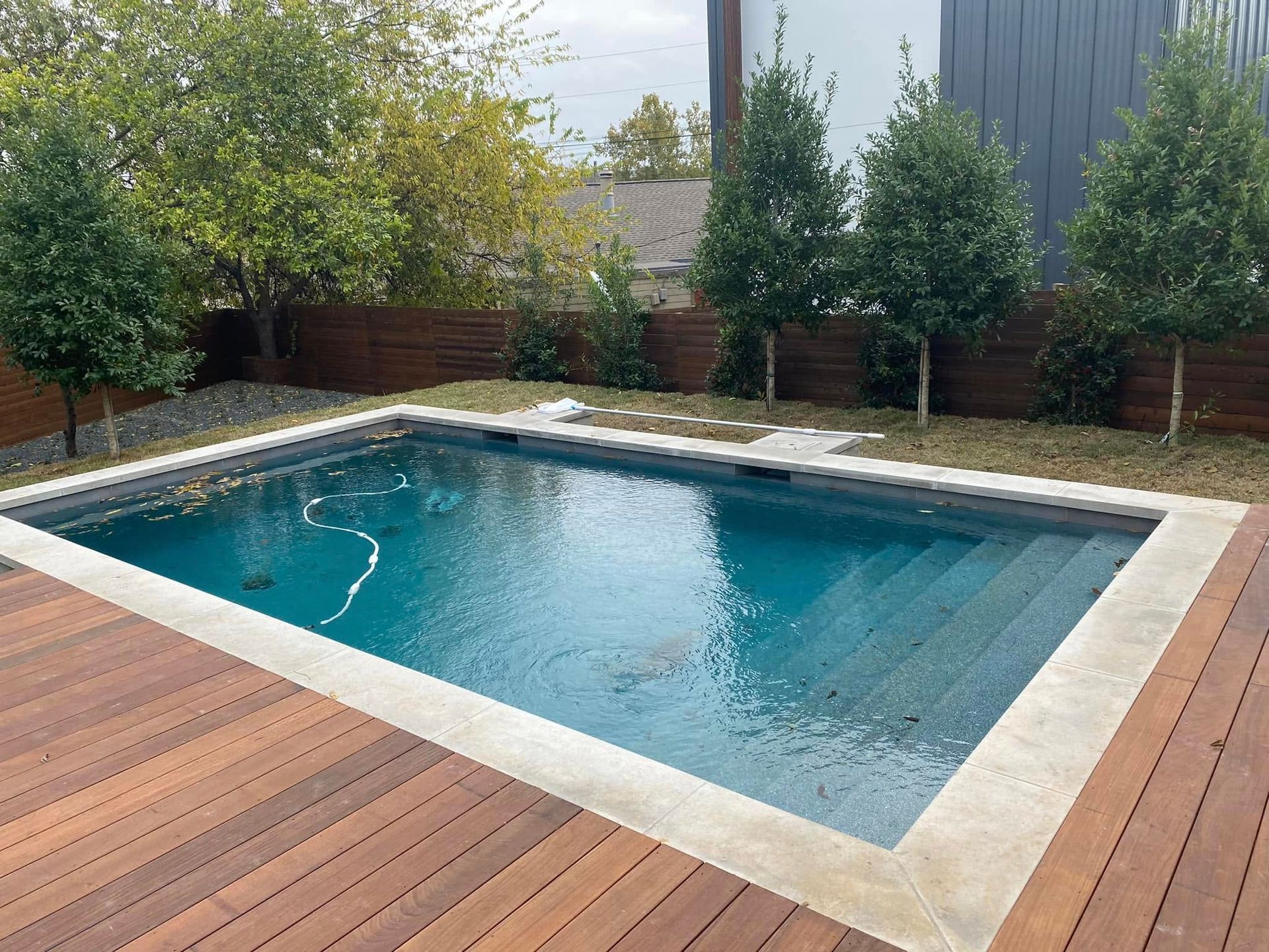Backyard swimming pool with clear blue water, wooden deck, and landscaped trees along the fence