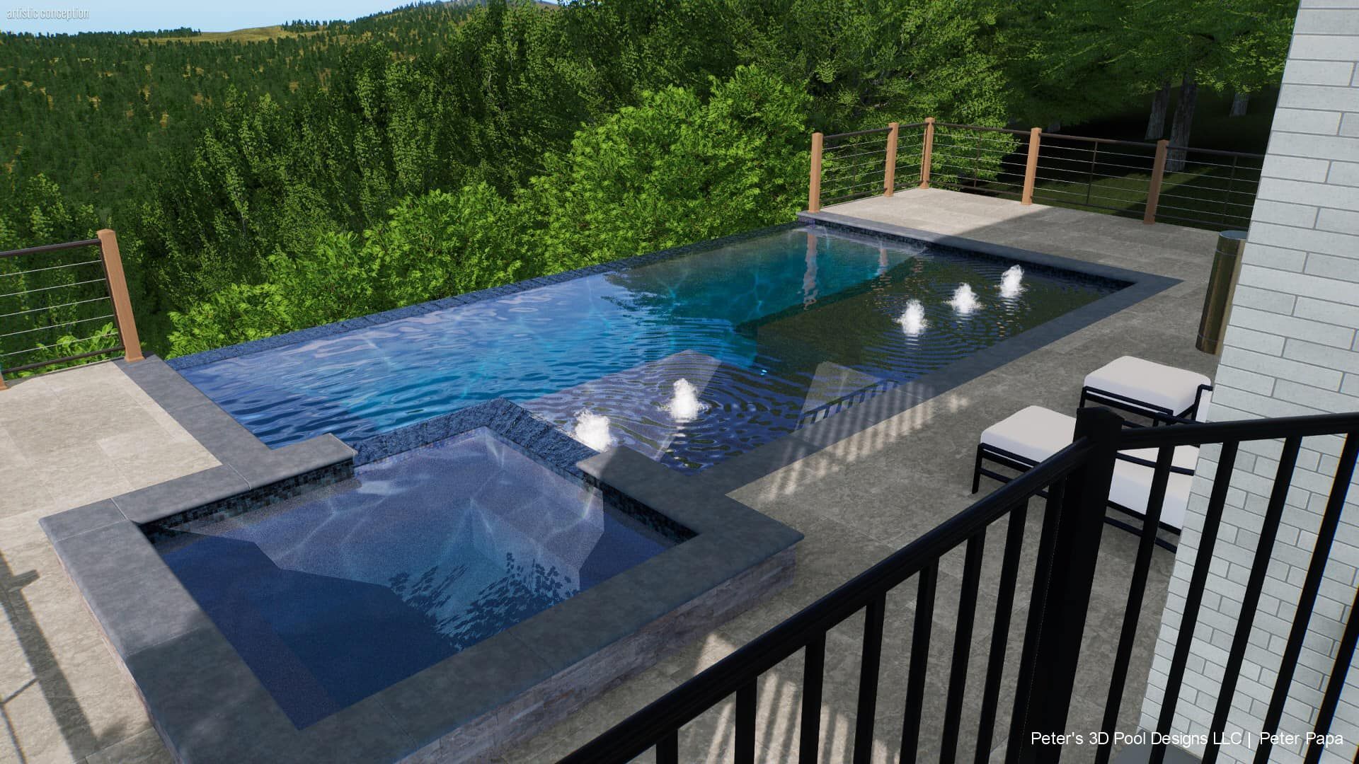 Modern backyard pool with built-in spa, stone decking, and black railing beside a hedge fence