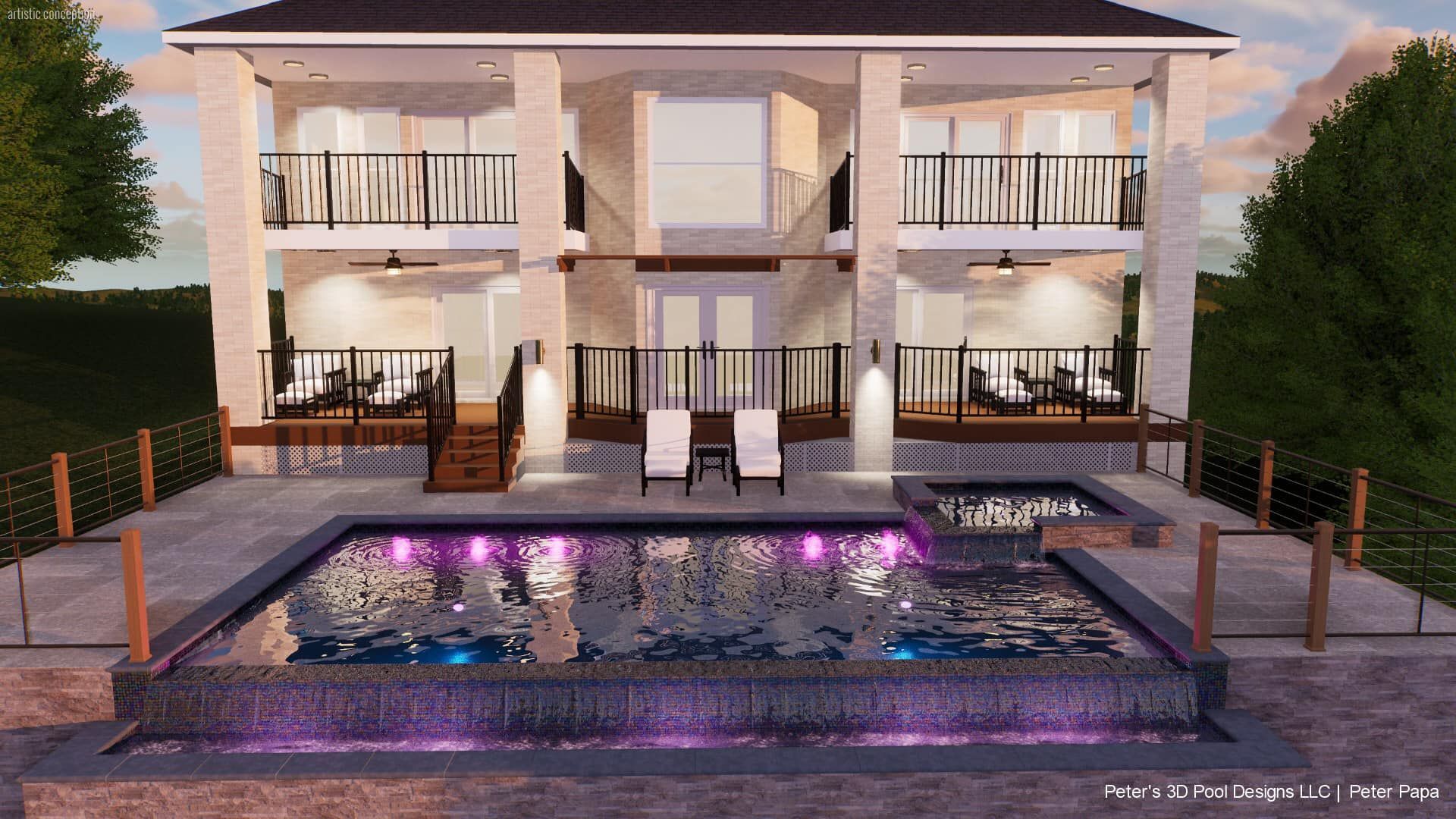 Modern two-story house with a lit pool and patio at dusk