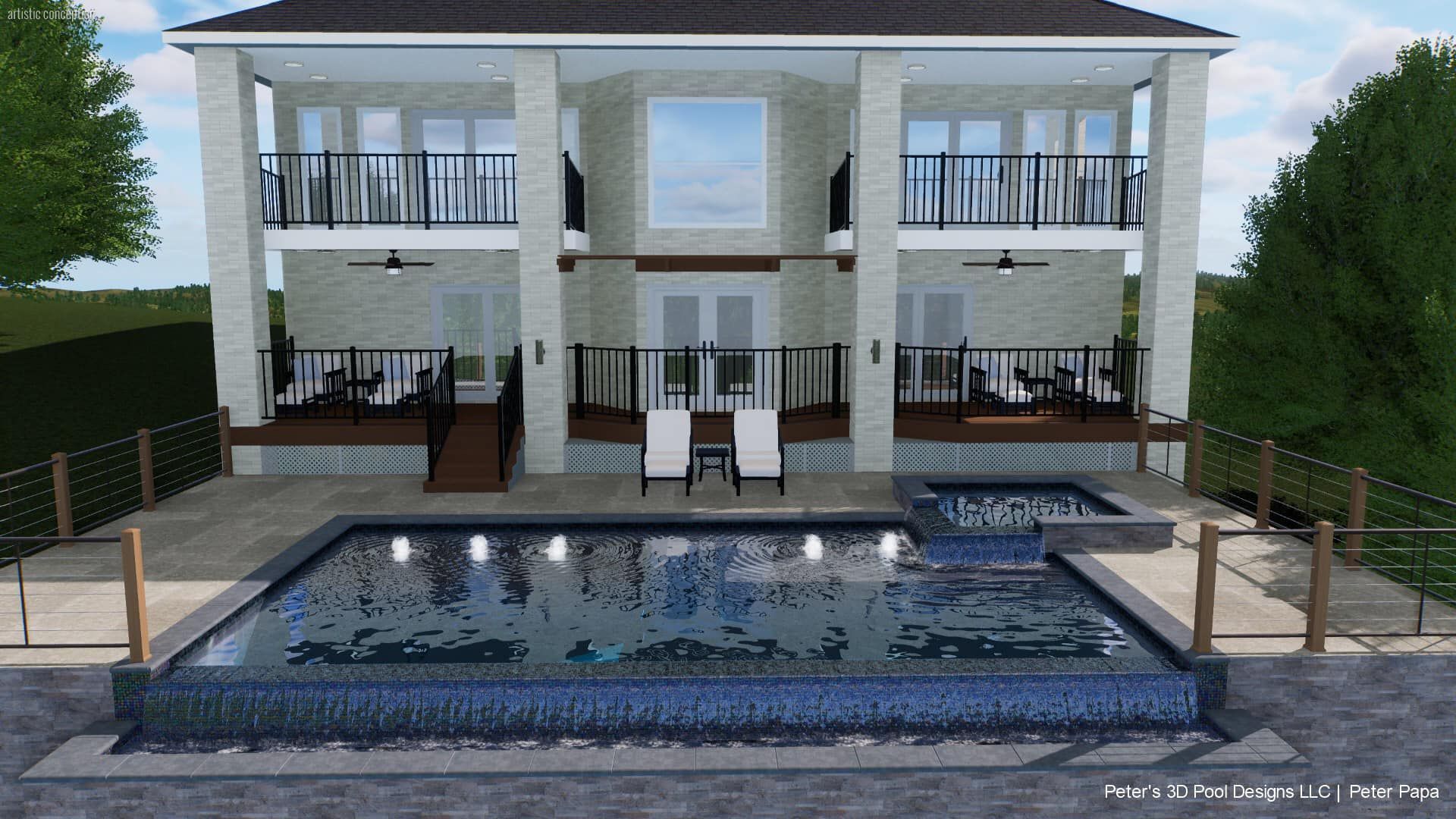 Modern two-story house with a large backyard pool and patio overlooking the water