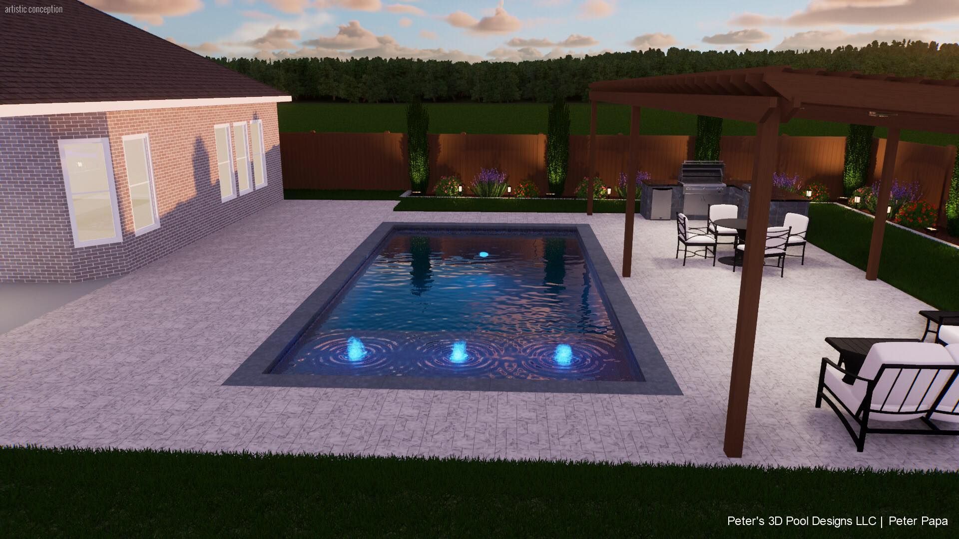 Backyard pool with blue lights, patio seating, and a wooden pergola beside a house at sunset
