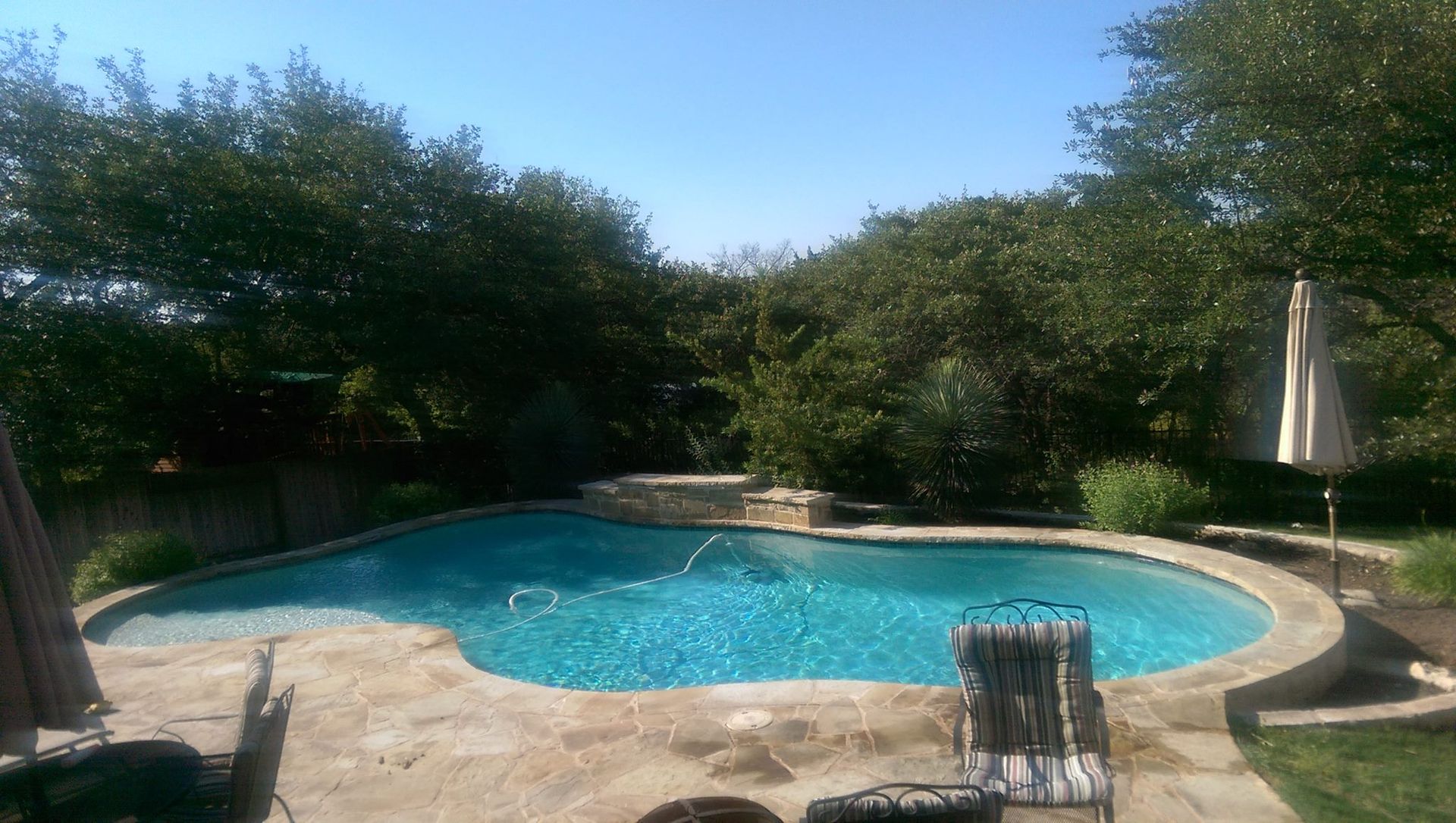 Backyard swimming pool surrounded by trees, with lounge chair and closed umbrella in the sun