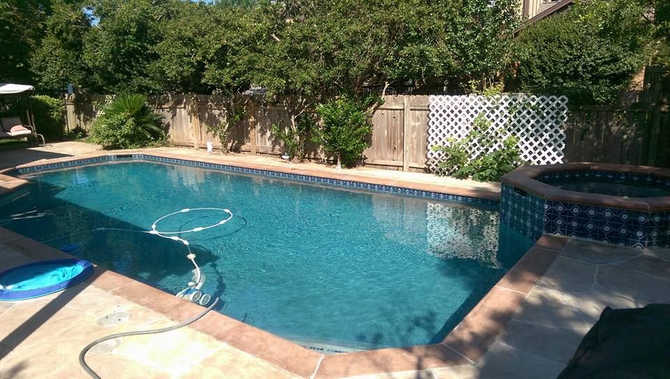 Backyard swimming pool with turquoise water, stone deck, and trees along the fence